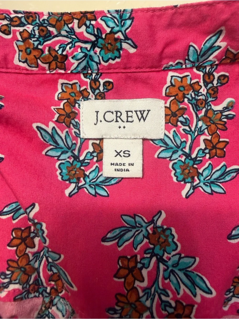J. Crew Hot Pink Preppy Floral Feminine Puff Sleeve Split Neck Poplin Blouse XS - Picture 9 of 9